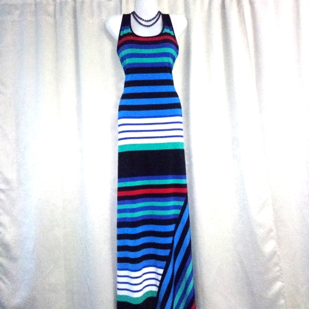 Calvin Klein Graphic Blue and Green Striped Sleeveless Tank Maxi Dress S…